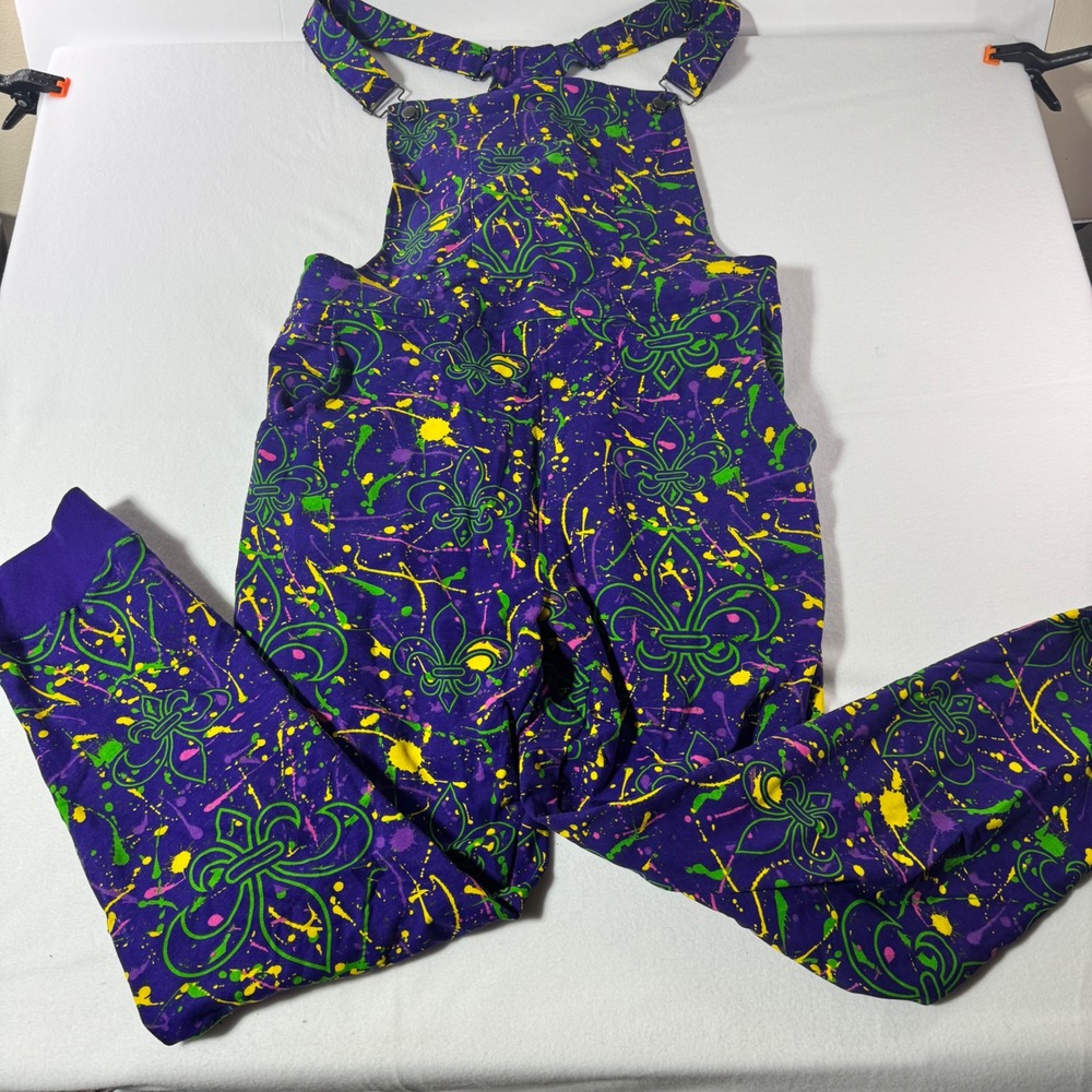 Mardi Gras Fleur De Lis Overalls XL Purple Neon Paint Splatter Bib Joggers Men